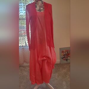 Eileen Fisher 3 Pc,Watermelon Maxi Dress, Matching Sweater, and Slip